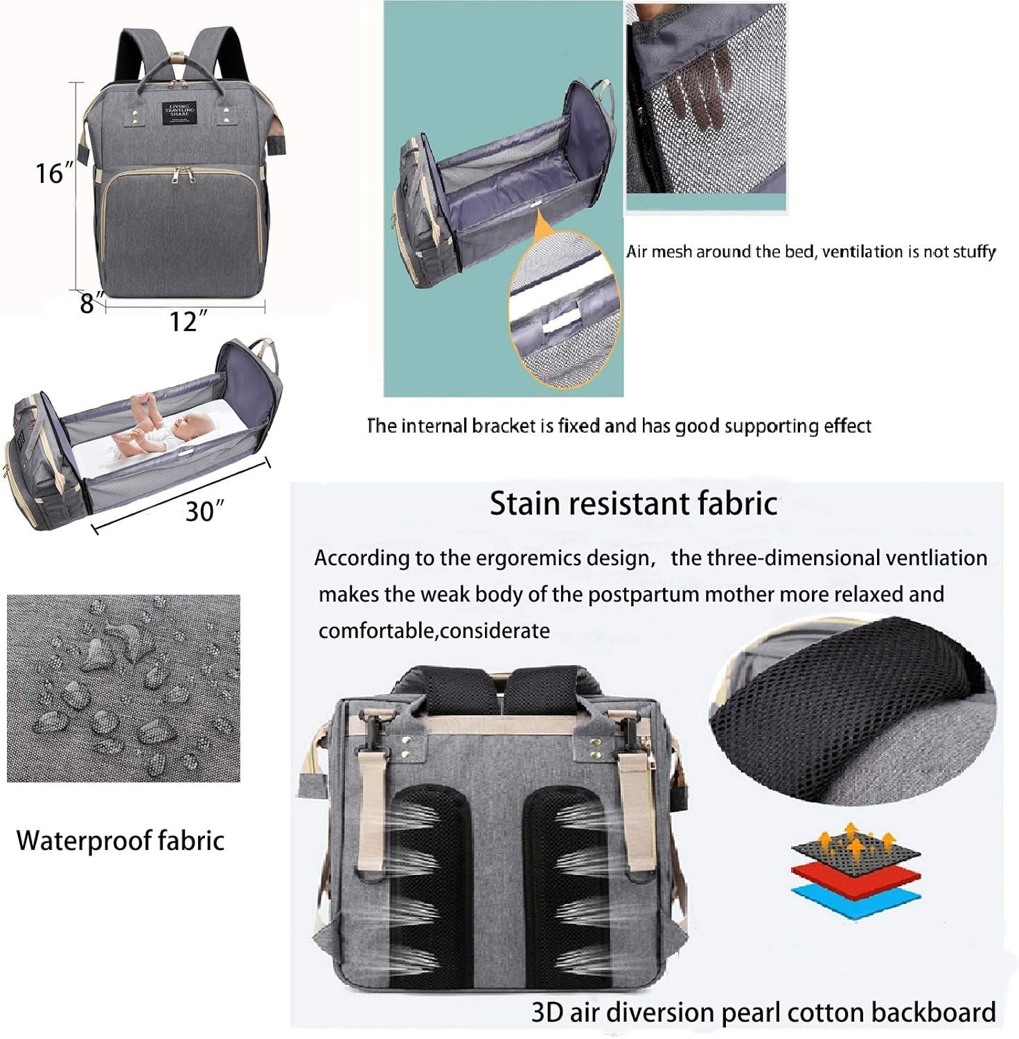 Diaper Bag Backpack 5 in 1 Travel Foldable Baby Bed Backpack, Mummy Bag Diaper Bag Nappy Changing Station (Black)