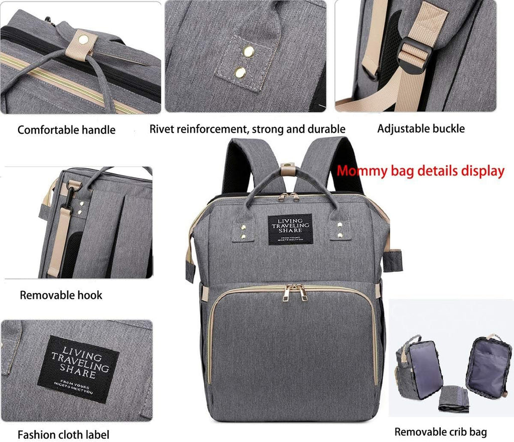 Diaper Bag Backpack 5 in 1 Travel Foldable Baby Bed Backpack, Mummy Bag Diaper Bag Nappy Changing Station (Black)