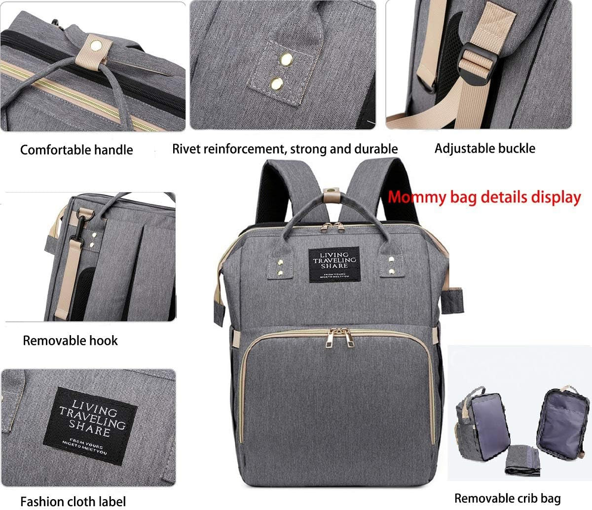 Diaper Bag Backpack 5 in 1 Travel Foldable Baby Bed Backpack, Mummy Bag Diaper Bag Nappy Changing Station (Black)