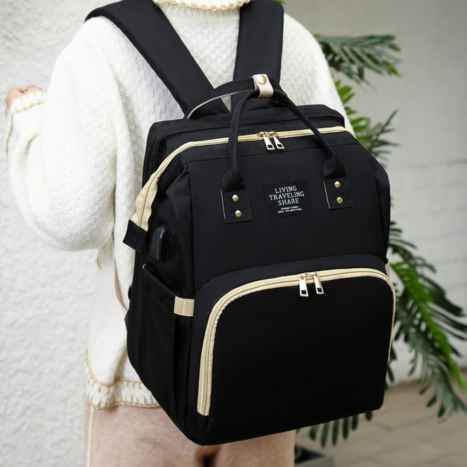 Diaper Bag Backpack 5 in 1 Travel Foldable Baby Bed Backpack, Mummy Bag Diaper Bag Nappy Changing Station (Black)