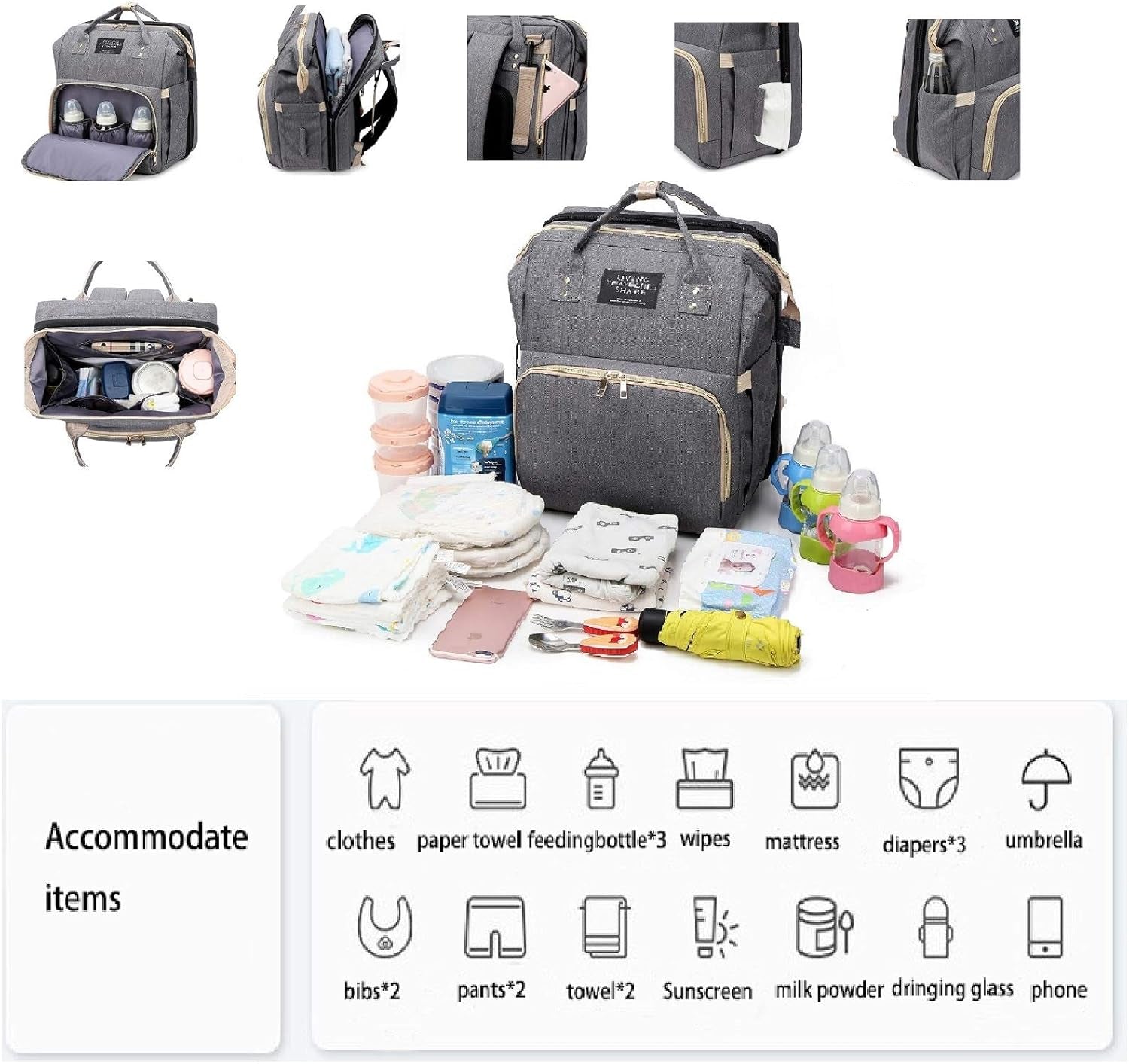 Diaper Bag Backpack 5 in 1 Travel Foldable Baby Bed Backpack, Mummy Bag Diaper Bag Nappy Changing Station (Black)