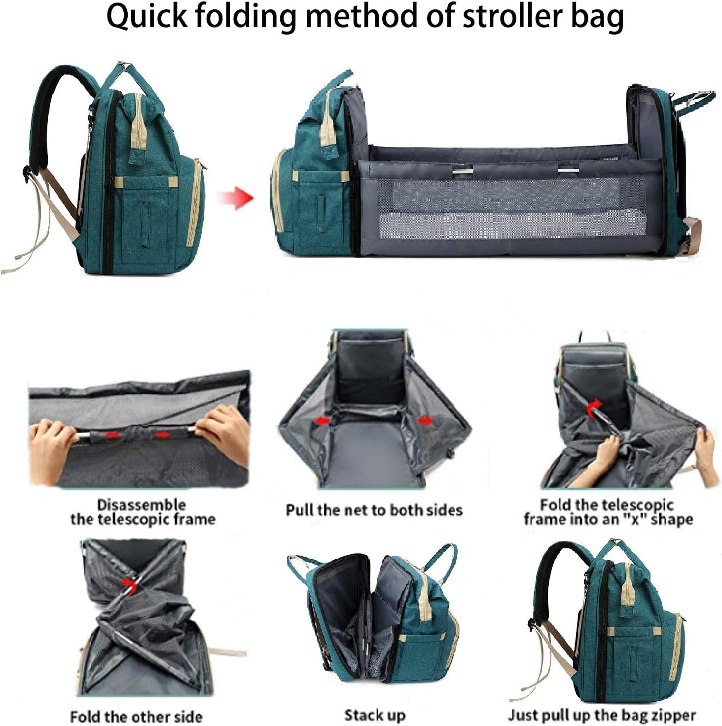 Diaper Bag Backpack 5 in 1 Travel Foldable Baby Bed Backpack, Mummy Bag Diaper Bag Nappy Changing Station (Black)