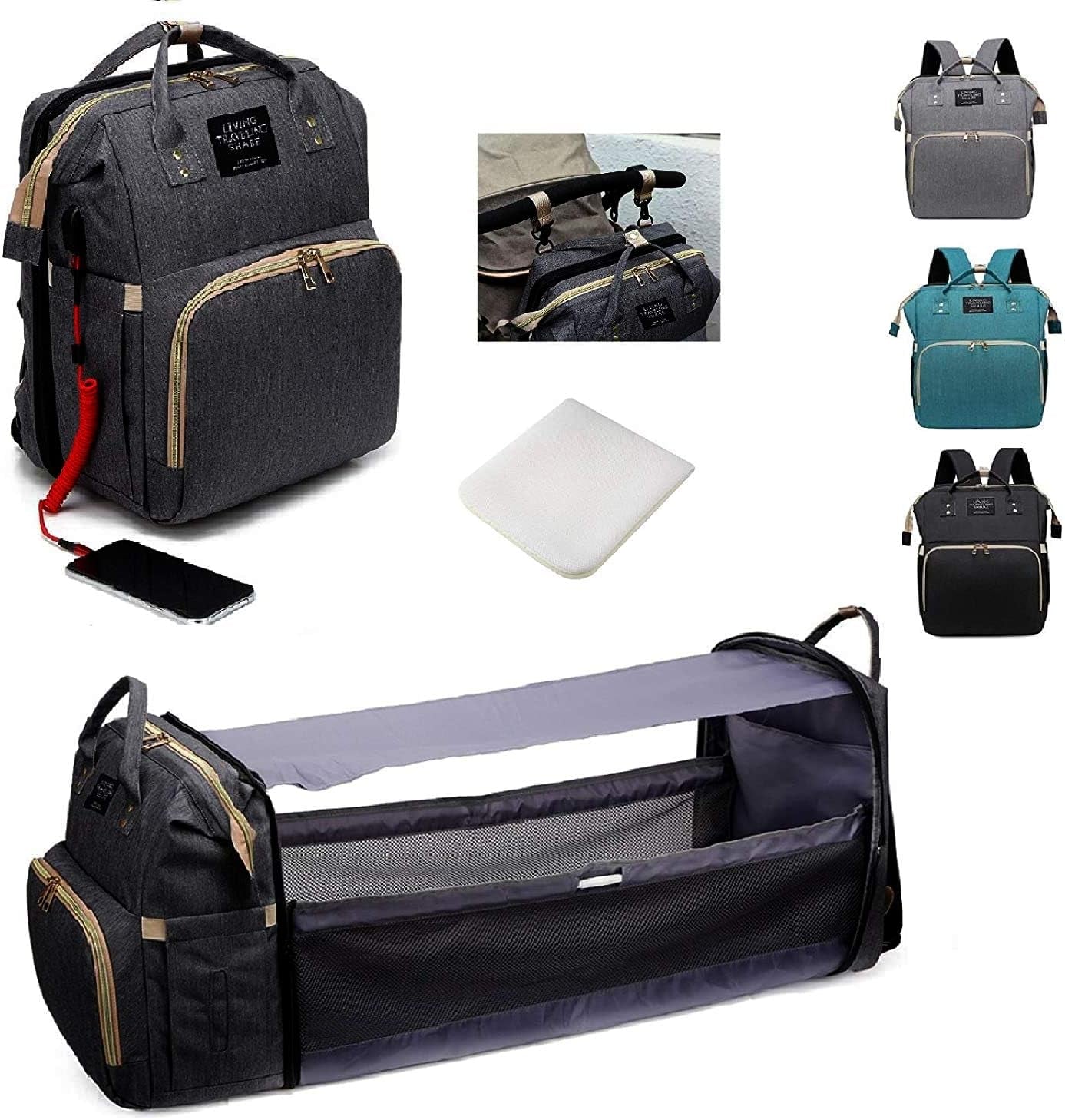 Diaper Bag Backpack 5 in 1 Travel Foldable Baby Bed Backpack, Mummy Bag Diaper Bag Nappy Changing Station (Black)